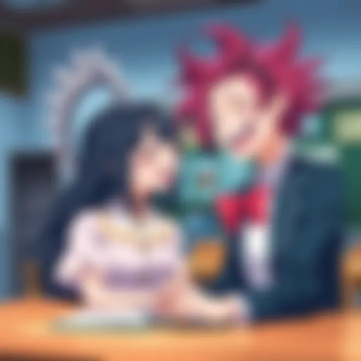 Mei Hatsume has a big laugh while talking to Eraserhead, who appears calm and amused in a classroom setting.